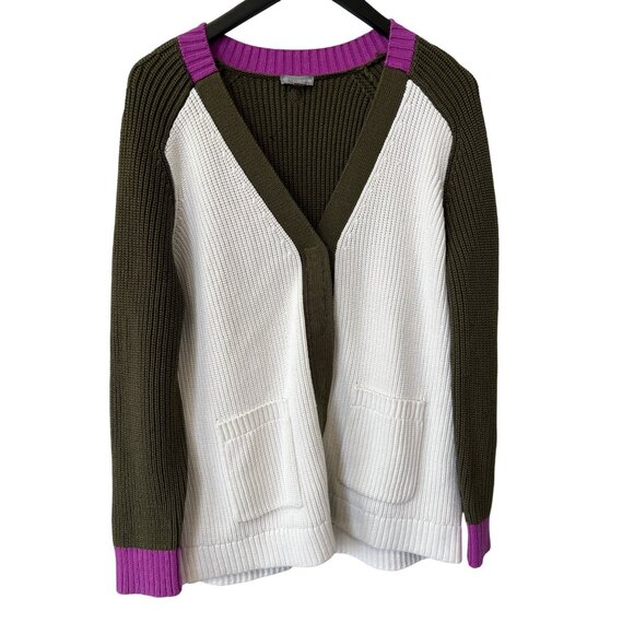 T By Talbots Cardigan Size Large Petite Snap Front V Neck Colorblock Olive Pink - Picture 2 of 7